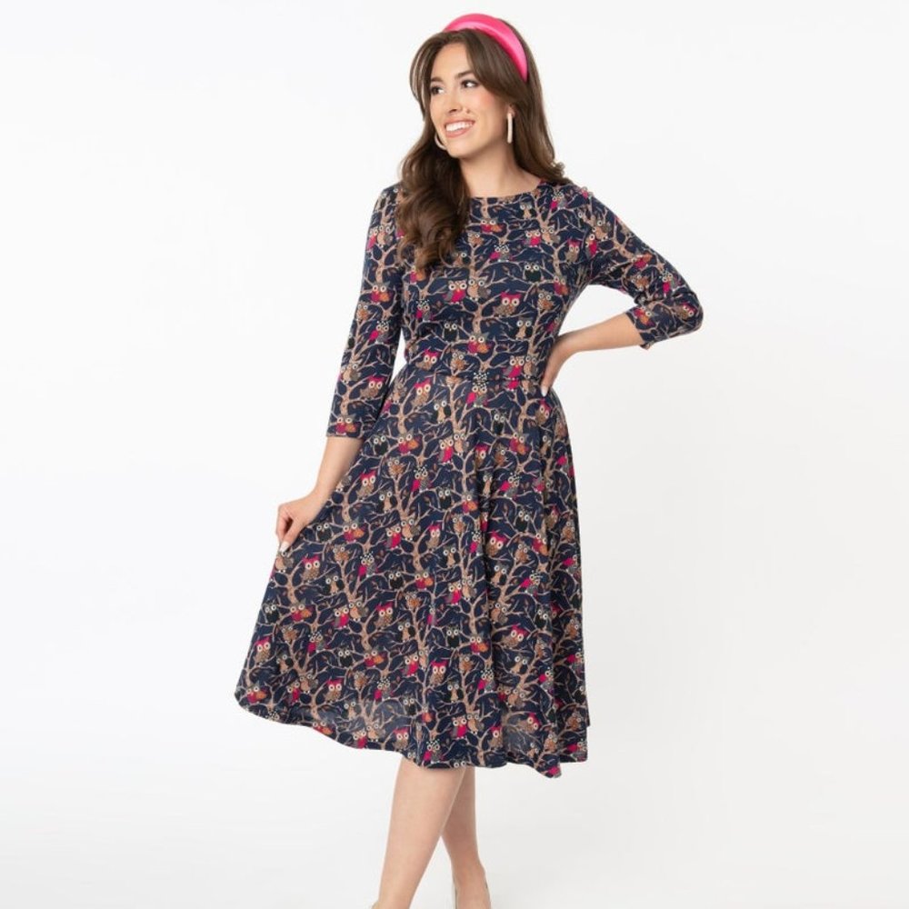 NWT Navy Owls Nicole Vintage Retro Pinup Swing Dress by Unique Vintage